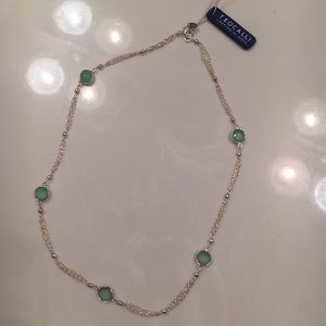Short silver necklace with aqua gem accents